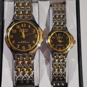 Geneva His/Her Quartz Silver/Gold Finish, Black Dial Watches NIB w/ Battery Tabs